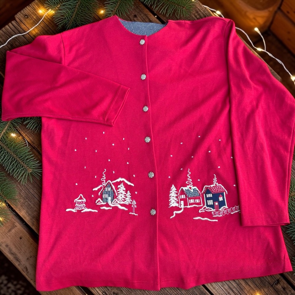 Links Vintage Red Winter Village Embroidered Button Front Cardigan Sweater M